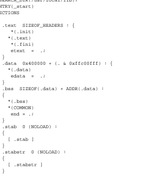 table of formats compiled into the linker, the place to look for object codelibraries, and the name of the default entry point, _start in this case.Then it lists the sections in the output ﬁle