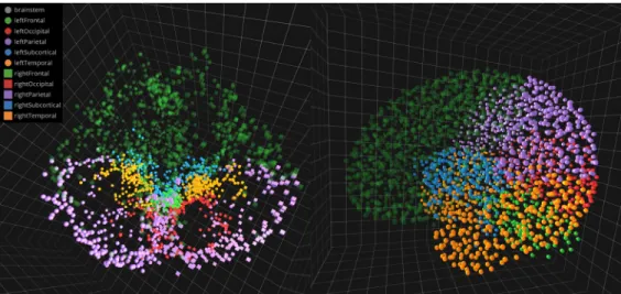 Figure 6. This ﬁgure shows an exploration of the structural connectome in intrinsic (left) and anatomical (right) geometry for the same connectome dataset gathered from the same participants as the functional connectome shown in Figure 5.