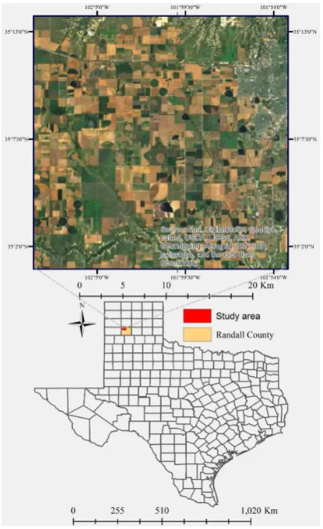 Figure 1. Study area (top) and its location in Randall County in Texas High Plains (bottom), USA