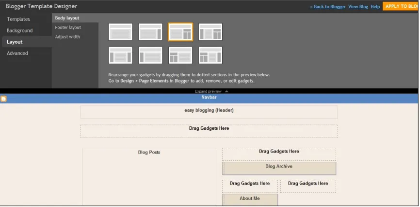 Fig. 1.1 Blogger provides a range of different layouts to choose from. Make your selection then drag in the elements you want to place on the page