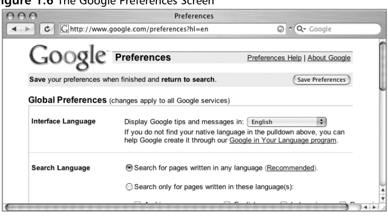 Figure 1.6 The Google Preferences Screen