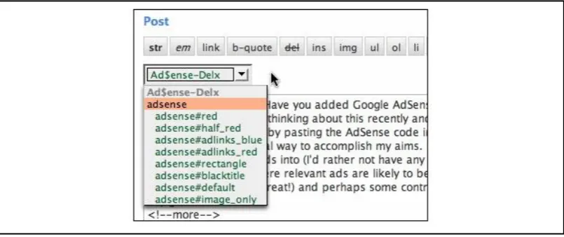 Fig. 2.3  Choosing trackable ads to insert with Wordpress-Deluxe.  