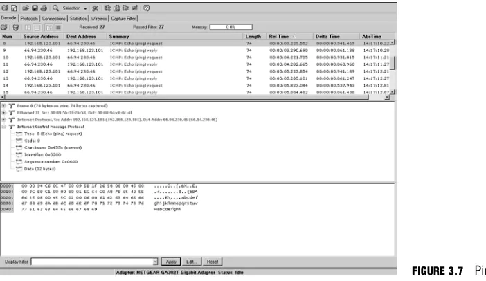 FIGURE 3.7Ping capture.Ping does have a couple of drawbacks: First, only one system at a time is pinged and second,