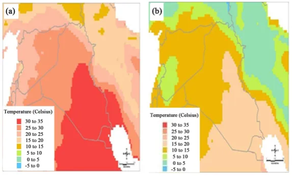 Figure 2. Mean maximum (a) and minimum (b) temperatures in Iraq.         