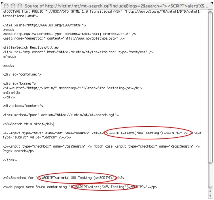 Figure 3 illustrates what happens when the original search term is replaced with the following HTML/JavaScript code: