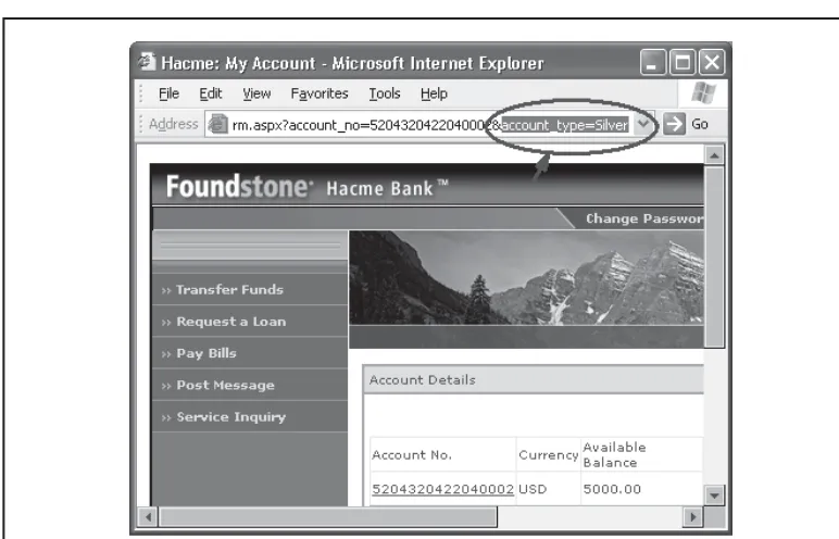 Figure 1-2 Using a basic web browser to attack Foundstone’s Hacme bank. A simple vertical escalation attack is highlighted with a circle.