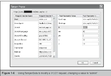 Figure 1-6 Using TamperData to modify a POST request, changing a value to “admin”