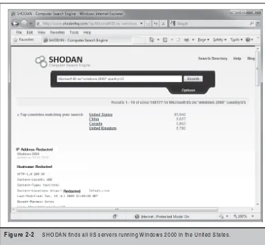 Figure 2-2 SHODAN ﬁ nds all IIS servers running Windows 2000 in the United States.