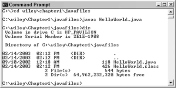 Figure 1.7 Use the javac tool to compile HelloWorld.java.