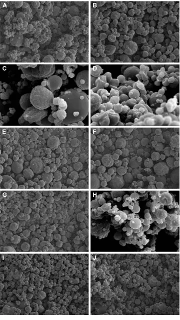 Figure 1 The seM of spray-drying microspheres.Notes: The magnification is 3,000×. (A) 190°c, 12 ml/min, 700 l/h, 1:1:0.33; (B) 190°c, 8 ml/min, 400 l/h, 2:1:0.33; (C) 190°c, 14 ml/min, 300 l/h, 3:1:0.67; (D) 170°c, 12 ml/min, 400 l/h, 3:1:0.67; (E) 170°c, 8 ml/min, 300 l/h, 1:1:0.33 (F) 170°c, 14 ml/min, 700 l/h, 2:1:0.33; (G) 150°c, 12 ml/min, 300 l/h, 2:1:0.33; (H) 150°c, 8 ml/min, 700 l/h, 3:1:0.67; (I) 150°c, 14 ml/min, 400 l/h, 1:1:0.33; and (J) 150°c, 8 ml/min, 300 l/h, 1:1:0.33.Abbreviation: seM, scanning electron microscope.