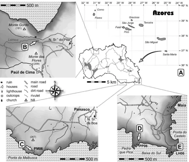 Fig. 1. Position of the sections investigated: Cré (B), Malbusca (C), Pedra-que-Pica (D), and Ponta do Castelo (E)