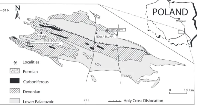 Fig. 1. Location of the Skały and Bolechowice-Panek quarries on a geological sketch map of the Holy Cross Mountains
