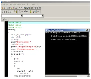 Fig  shows  the  output  of  the  algorithm  i.e.  Run  Length  Encoding.  The  output  shows  that  there  are  30  bits  in  the  original string