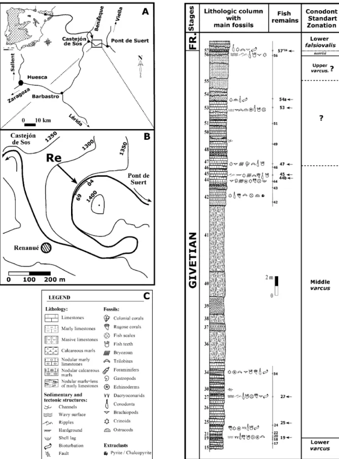 Fig. 1. A, B – Geographical setting of the Renanué section, C – Stratigraphic column of the studied interval of the Renanué section with relevant biostratigraphical and sedimentological data
