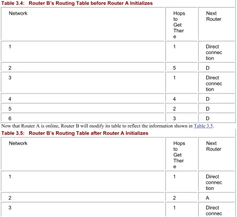 Table 3.4:   Router B’s Routing Table before Router A Initializes  