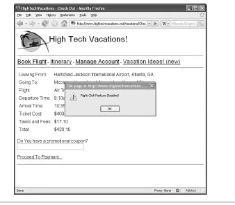 Figure 2-1The checkout page on HighTechVacations.net prevents right mouse clicks.