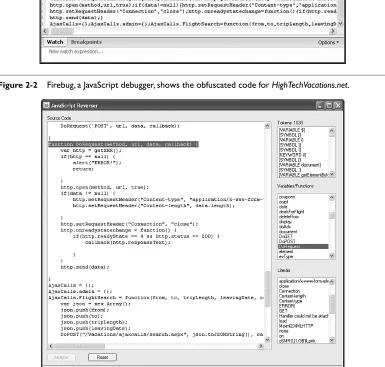 Figure 2-2Firebug, a JavaScript debugger, shows the obfuscated code for HighTechVacations.net.