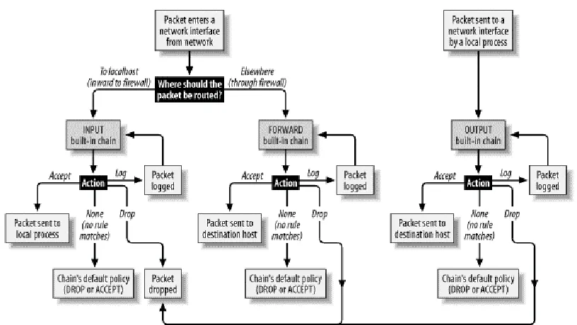 Figure 3-6. How each packet traverses netfilter’s built-in packet-filter chains 