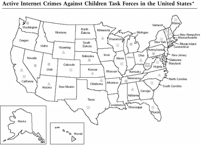 Figure 6.8 Active ICAC Task Forces in the United States. (Innocent Images National Initiative Webpage, at www.fbi.gov/hq/cid/cac/Source: FBI,innocent.htm)