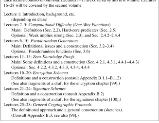 Figure 0.3: Plan for one-semester course on the foundations of cryptography.