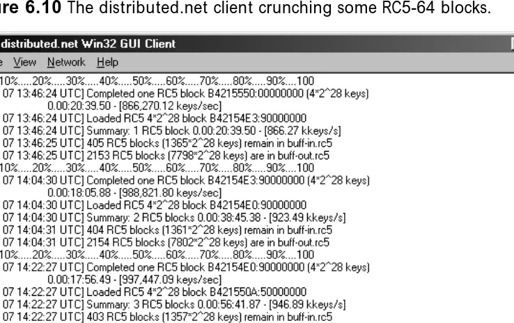 Figure 6.10 The distributed.net client crunching some RC5-64 blocks.