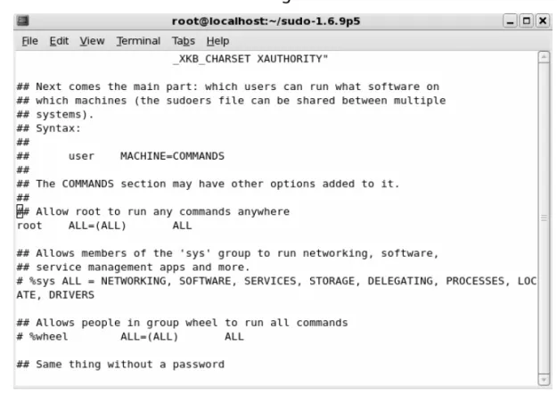 Figure 2.17 Default Sudoers File Allowing the Root User Access to All Commands