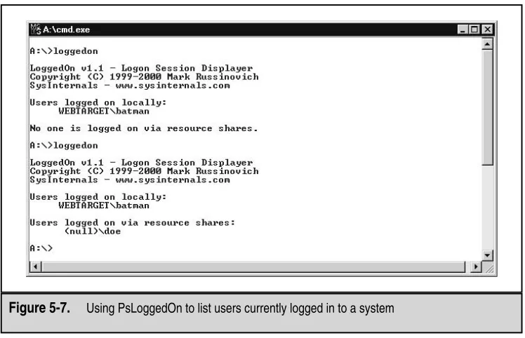 Figure 5-7.Using PsLoggedOn to list users currently logged in to a system