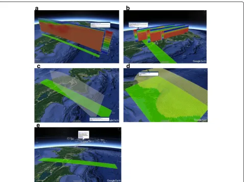 Fig. 2 Selection of the search region in the database system. Usersinput the latitudes and longitudes of points (A) and (B) to draw aprofile (red line) and then set the distance from the profile (d) withinwhich to capture model data (green rectangular region).Alternatively, the search profile can be drawn directly on the map