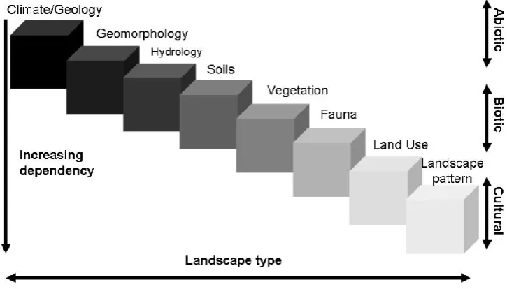 Fig. 1. Landscape type as a functional hierarchy of abiotic, biotic and cultural elements [29, 30]
