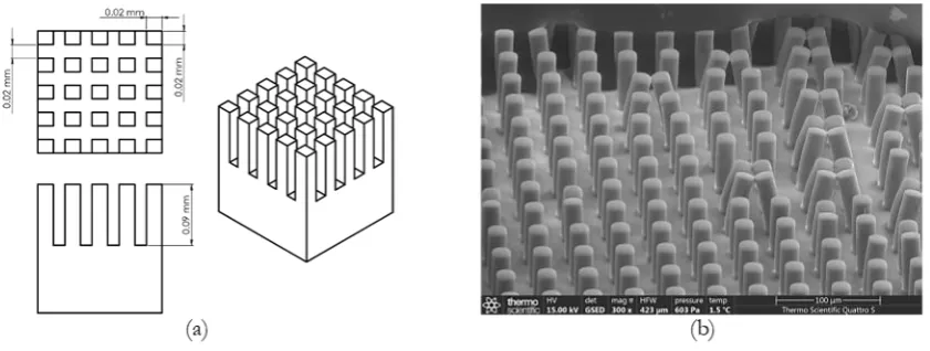 Fig. 8. (a) Dimension of an anti-fouling surface; (b) Self-mating of micropillars under shear loading