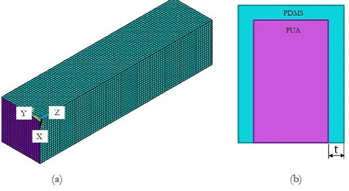 Fig. 10. (a) The FE model of a PUA core coated PDMS micropillar; (b) a section view.   