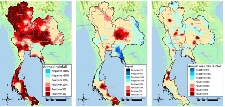Figure 7 shows the Mann–Kendall trends for annual and August rainfall, and the annual maximum daily rainfall; the latter tended to increase countrywide