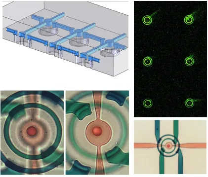 Figure 1.7.6  Counter-clockwise from top left: schematic showing 3D flow channels for patterning discontinuous features; low depth-of-field images showing dye solutions in both lower and upper portions of the flow channels, indicating operational vias; DEA