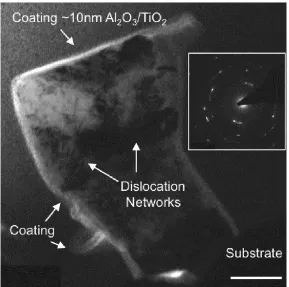Figure 2.2: Post-deformation TEM micrograph of coating Cu nanopillar. Dense dislocation networks are observed within the pillar as pile-ups against the hard coating