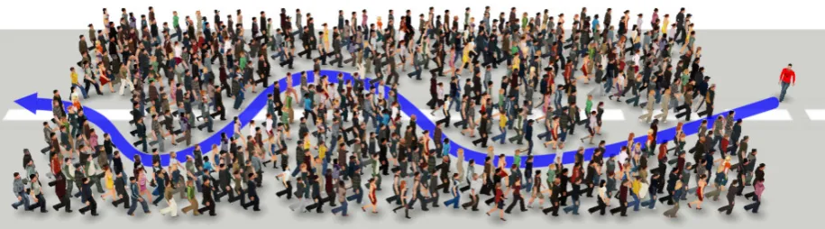 Fig. 1. Simulation result generated by our approach. The red-colored pedestrian walks through thehuge crowd split by a bent, narrow passageway