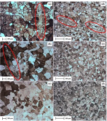 Fig. 3. Optical microstructure images of pure Sn (a, b, c) and Sn-4%wtBi alloy (d, e, f)
