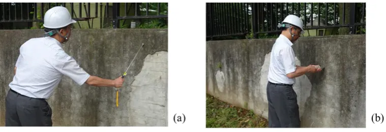 Fig. 3. (a) Scenes of rotary hammering sound test and (b) Schmidt rebound hammer test
