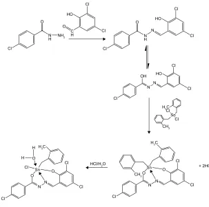 Figure 1 synthetic route for benzyltin compound c1.Abbreviation: c1, compound 1 [N-(3,5-dichloro-2-oxidobenzylidene)-4-chlorobenzyhydrazidato](o-methylbenzyl)aquatin(iV) chloride.