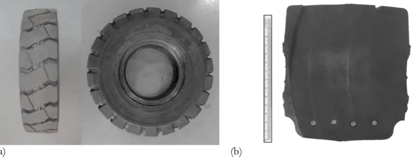 Fig. 1. The testing solid tire in: (a) overview and (b) its section view to show its components