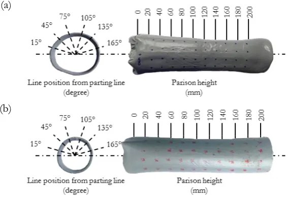 Fig. 14. The samples of parison for blowing of: (a) the A-shape and (b) the B-shape lubricant oil bottle