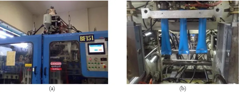 Fig. 1. (a) the extrusion blow molding machine, and (b) the parison extruding through the shaping dies of blow molding machine