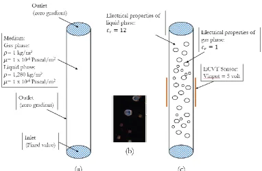 Fig. 5. Boundary conditions of ECVT-CFD. (a) CFD simulation, (b) example of flow structure result, (c)  ECVT simulation