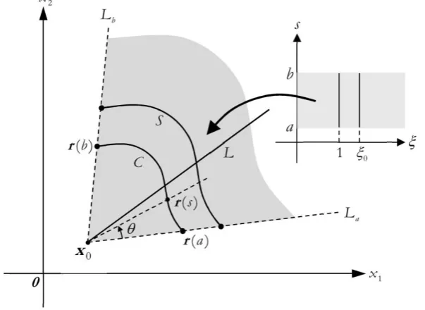 Fig. 2. Schematic of a scaling centre x  and a defining curve 0C .  