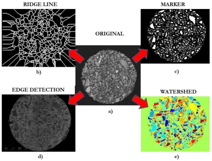 Fig. 2. (a) Image input, (b) ridge line, (c) marker, (d) image after edge detection and (e) WT segmentation