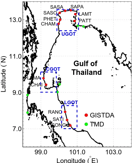 Table 1. Geographical coordinate of HF radar station along the coast of the Gulf of Thailand oper-ated by GISTDA.