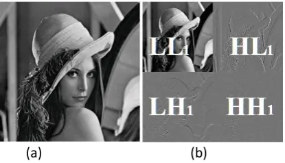 Fig 1: The original image (a) is divided into 4 sub bands  (b) through 1-scale level wavelet transformation