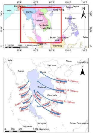 Fig. 1. Map of Southeast Asia, which shows the location and Wind system of Thailand.  