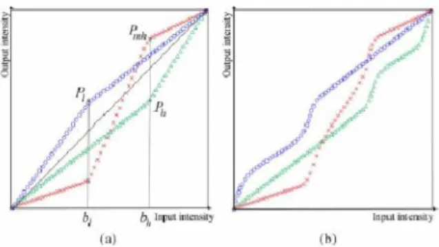 Fig.  3. (a)  Knee  transfer  functions  for  three  layers using  the  corresponding knee  points  and  spline interpolation