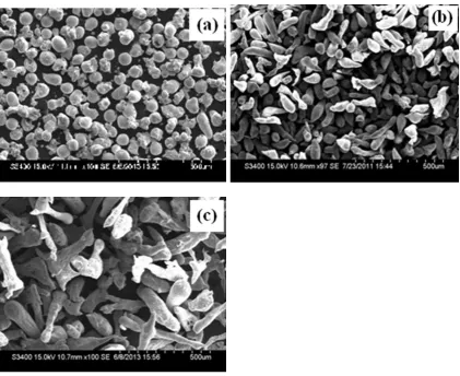 Fig. 12. SEM morphology of powder particles generated at 0.45MPa, 0.74 G/M ratio and superheat temperature of 150°C using nozzle-2.(a) 0-25 µm (b) +75-106 µm (c) +300- 425 µm