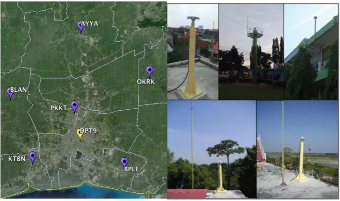Fig. 1. General distribution of the CORS stations (left) and monumentation examples at the sites (right)